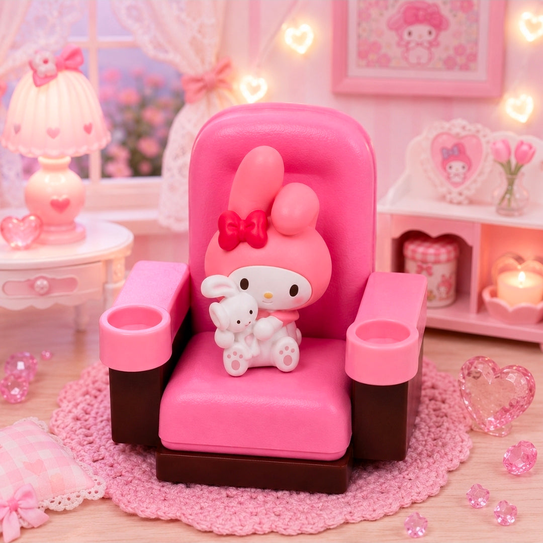 Pink theater chair blind box figure with white character and red bow, holding small rabbit