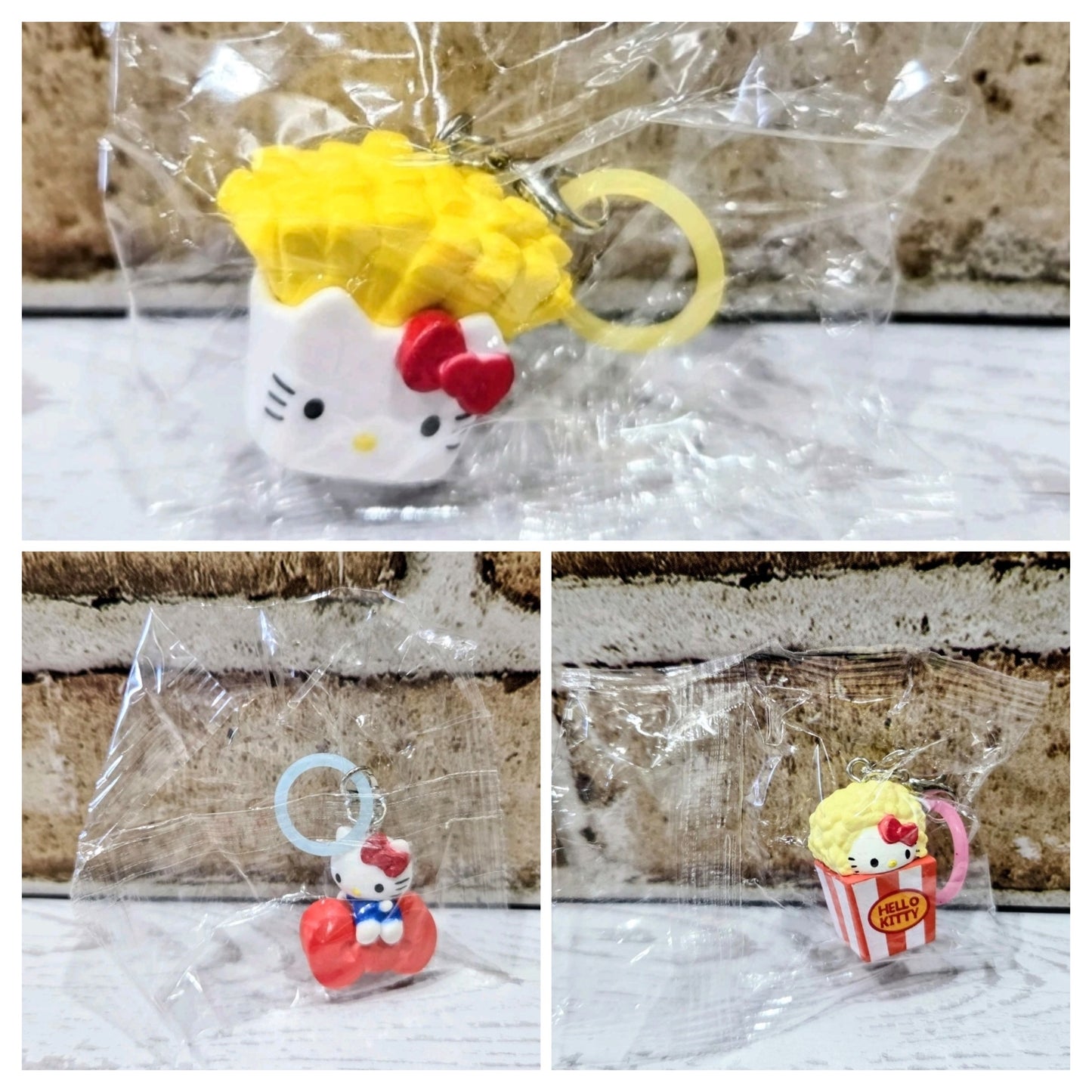 Hello Kitty fries keychain with yellow ridged fries and red bow, on a metal ring