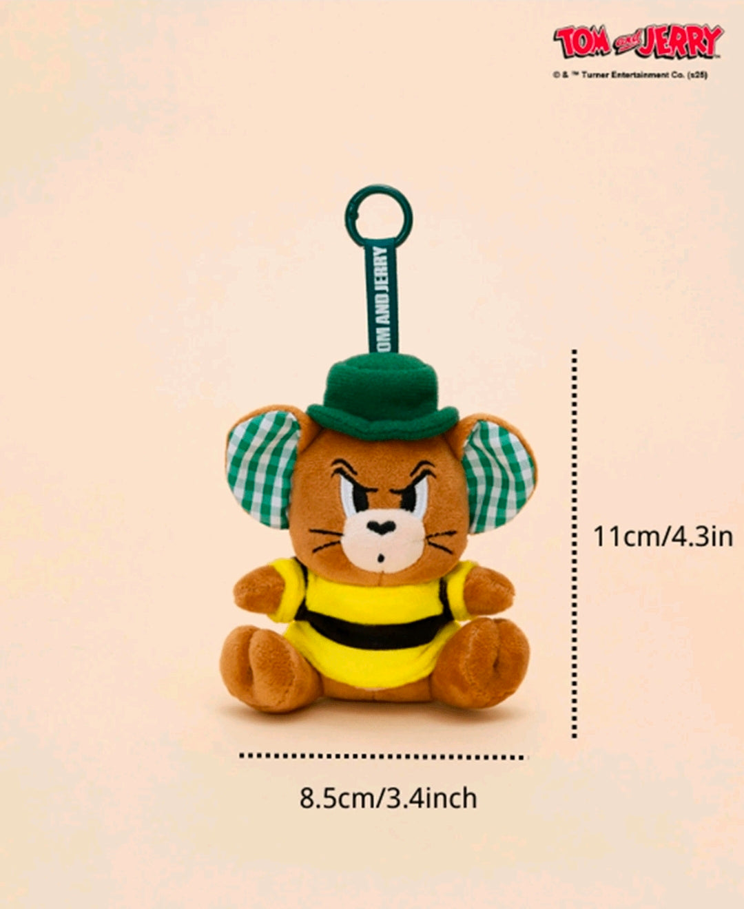 Tom & Jerry mouse mini plush keychain, 4.3 in tall, green hat and plaid ears