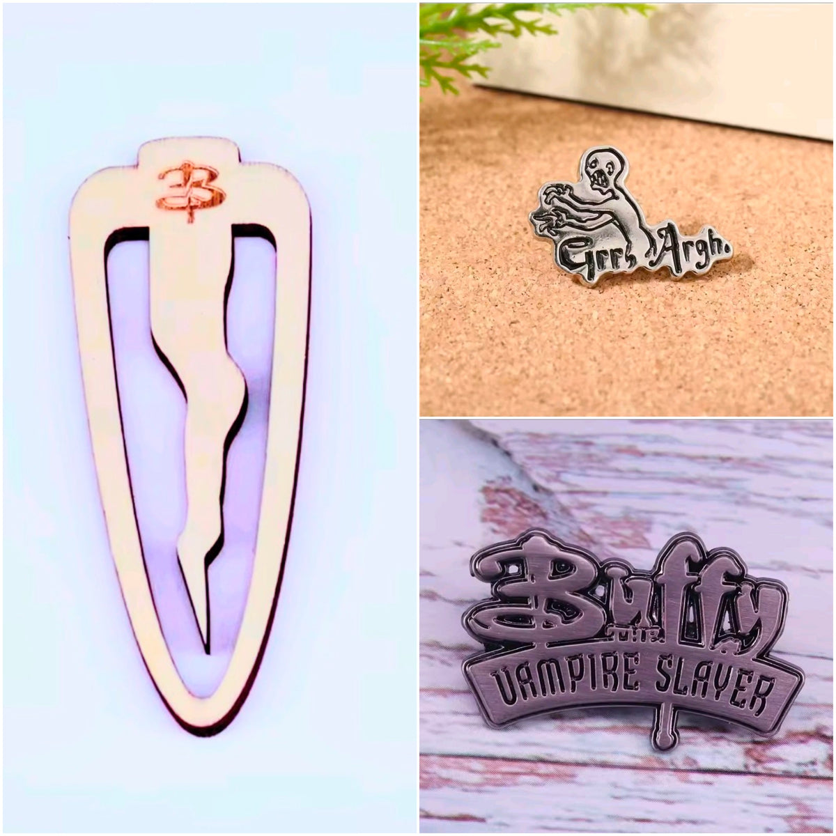Collectible accessory set: enamel logo pin, Argh! pin, and wood stake bookmark