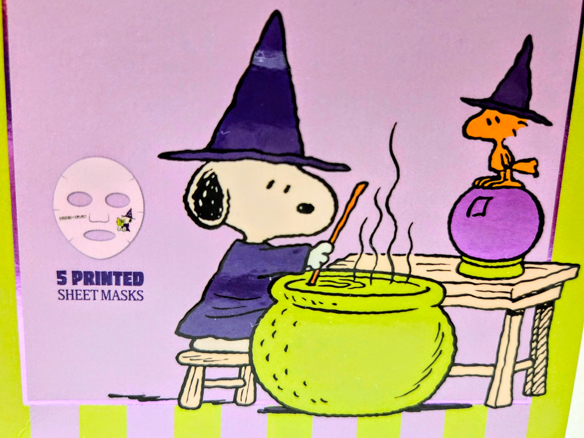 Snoopy witch illustration on mask pack labeled 5 printed sheet masks