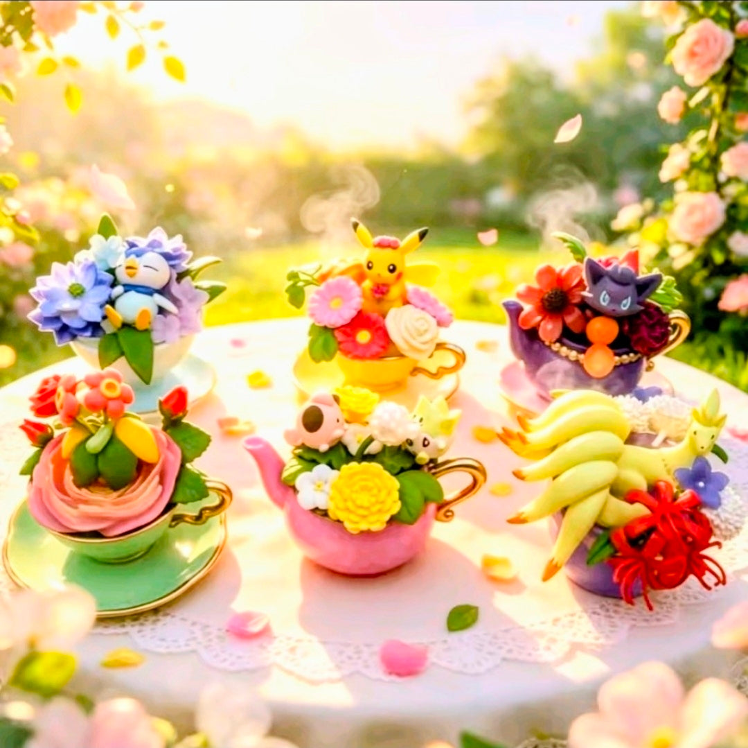 Floral cup mini figure set of multiple characters in colorful teacups