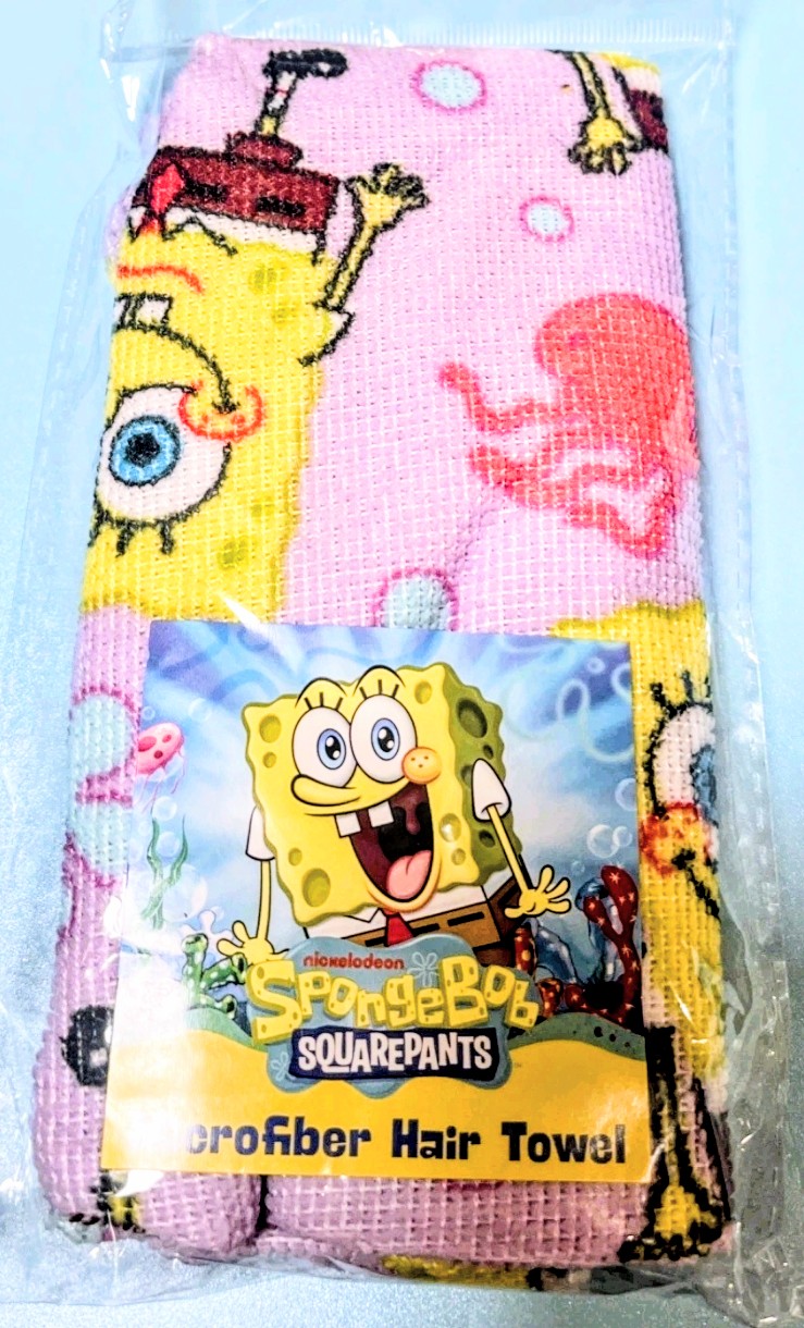 Packaged microfiber hair towel featuring SpongeBob SquarePants, pink print