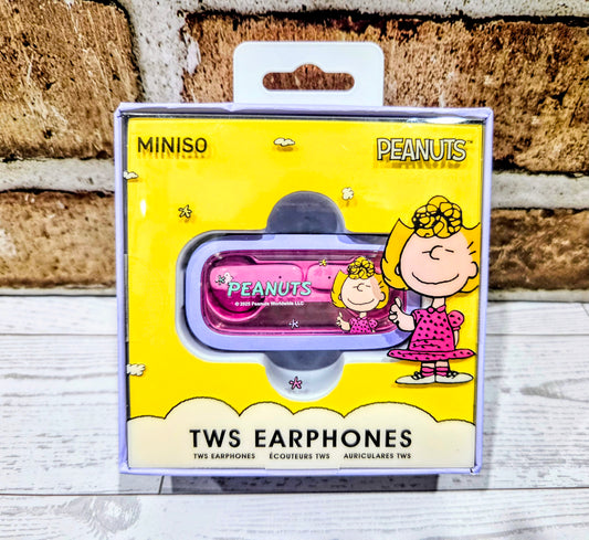 Wireless earbuds charging case box with Peanuts Sally Brown artwork