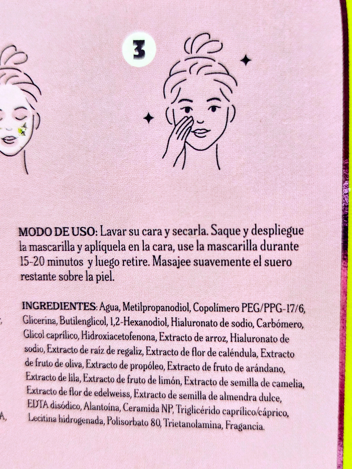 Hydrating face sheet mask instructions and ingredients panel on pink packaging