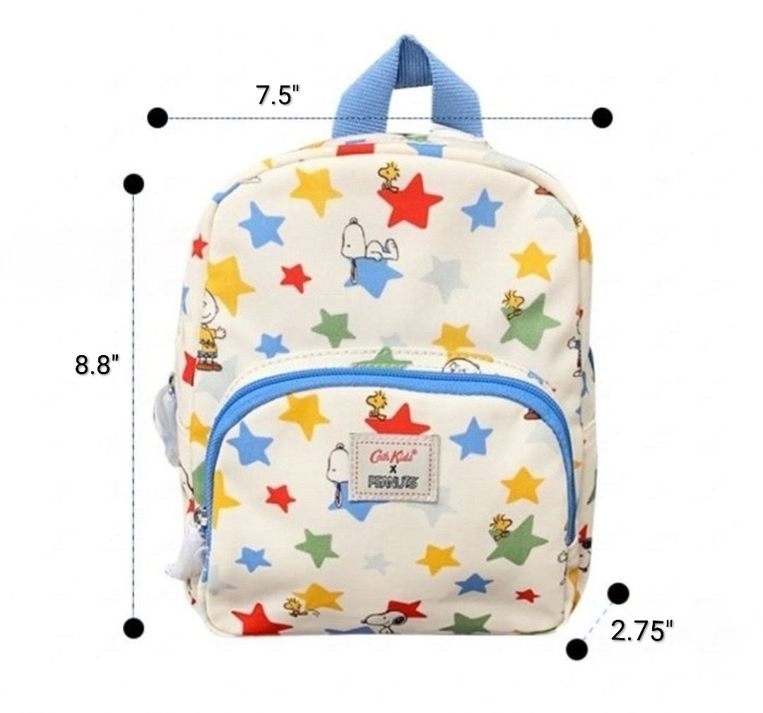 Kids mini backpack with Snoopy and colorful star print, front zip pocket and blue trim