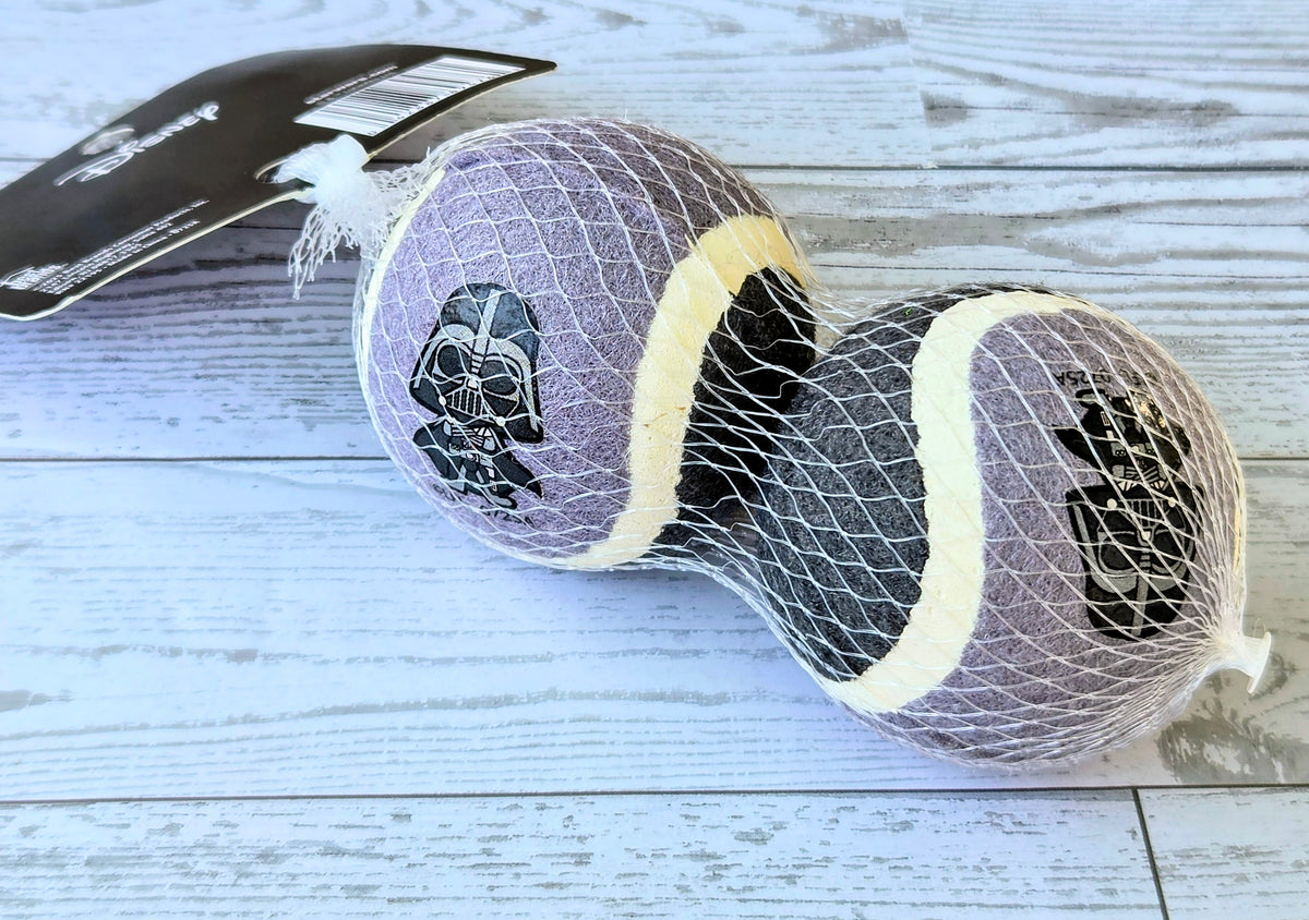 Star Wars mesh pet balls pair, gray with black Darth Vader print and yellow trim.