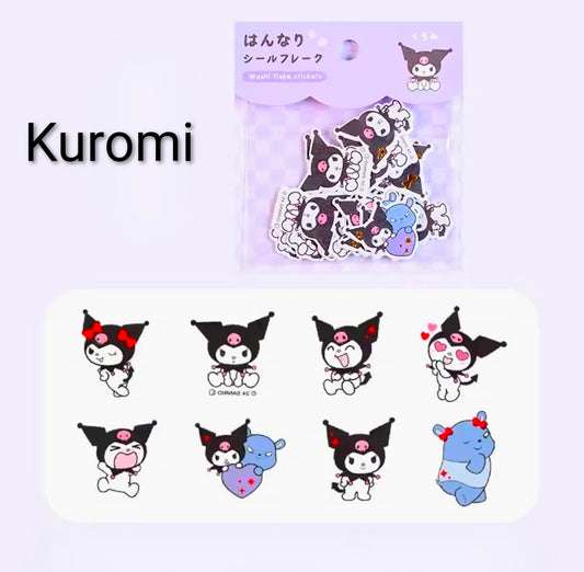 Kuromi washi flake sticker pack, sheet with multiple black and pink character designs