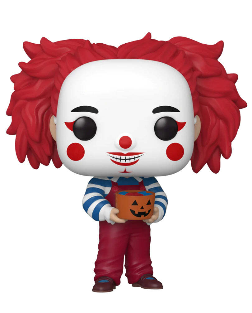 Chuckles Funko Pop! vinyl figure with red hair and striped outfit, holding a jack-o-lantern