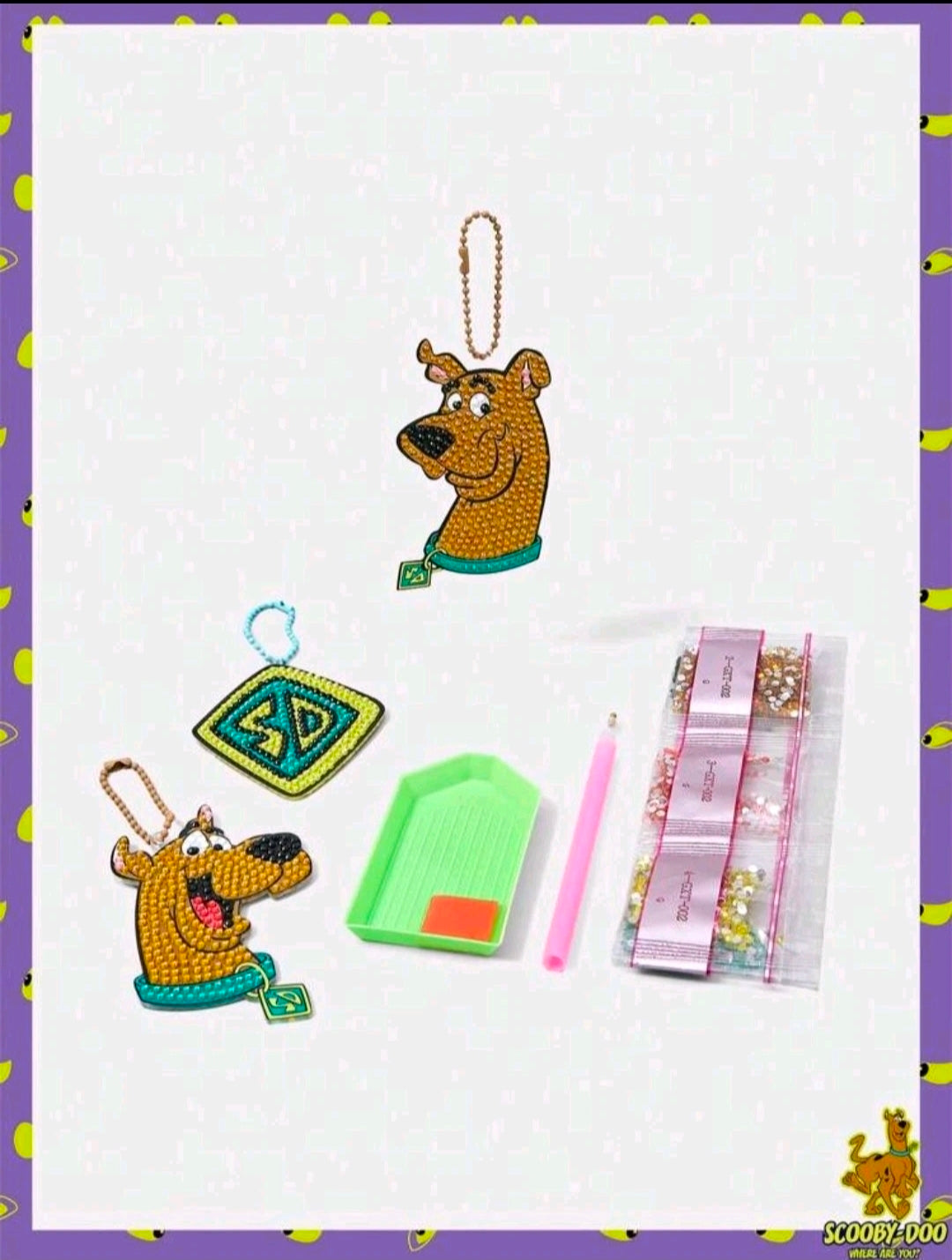 Diamond painting ornament kit: dog character diamond shapes, beads, green tray, applicators