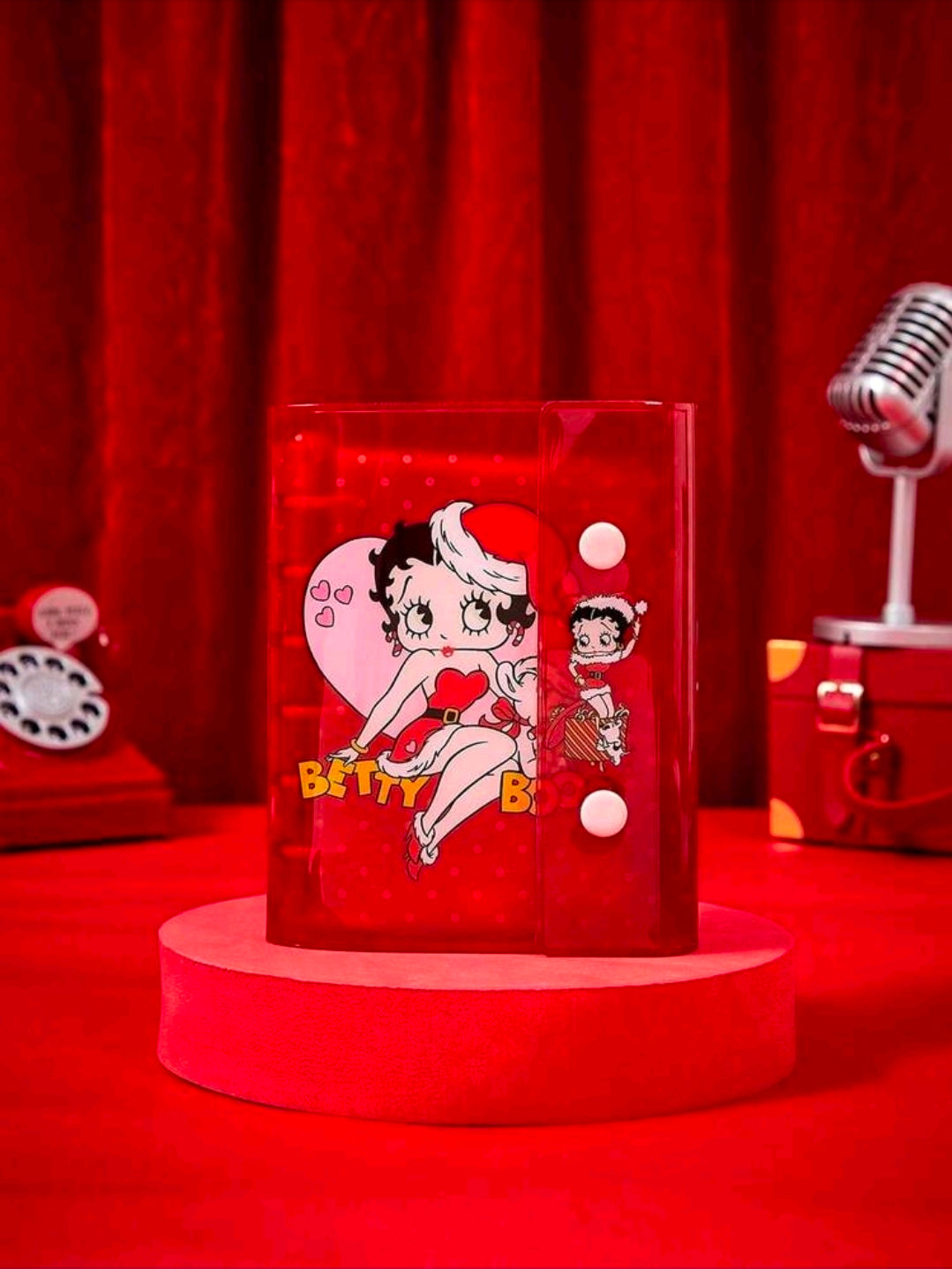 A7 ring binder photo album with clear red cover and Betty Boop Santa cartoon