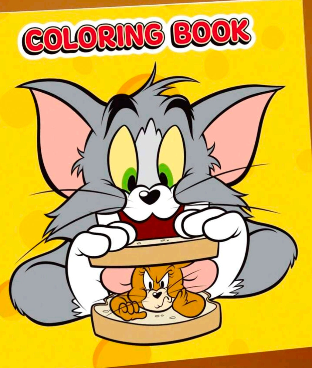 Coloring book cover featuring Tom with green eyes and Tom and Jerry with pie