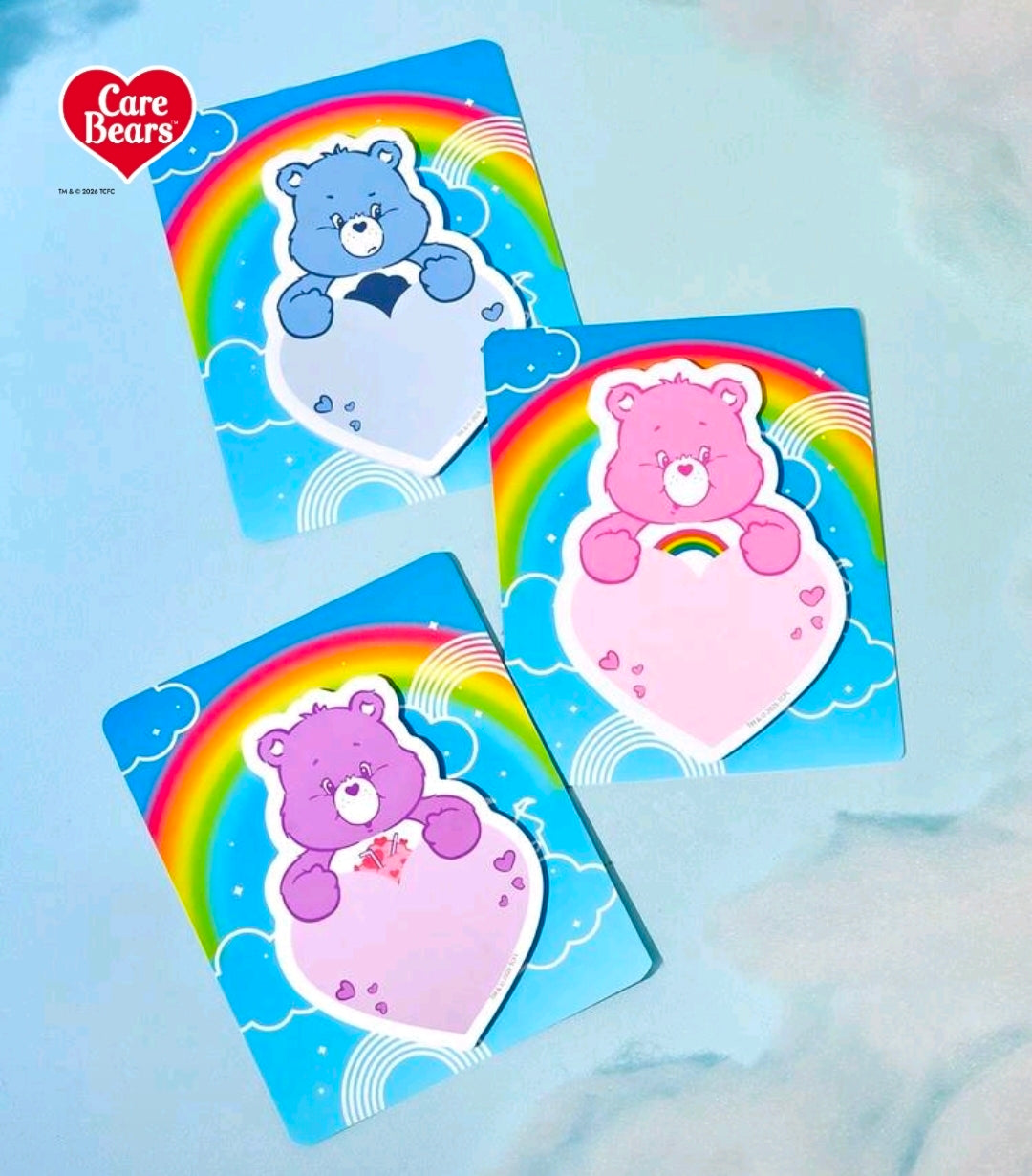 Care Bears 3-piece heart-shaped sticky note pads with three rainbow bear designs