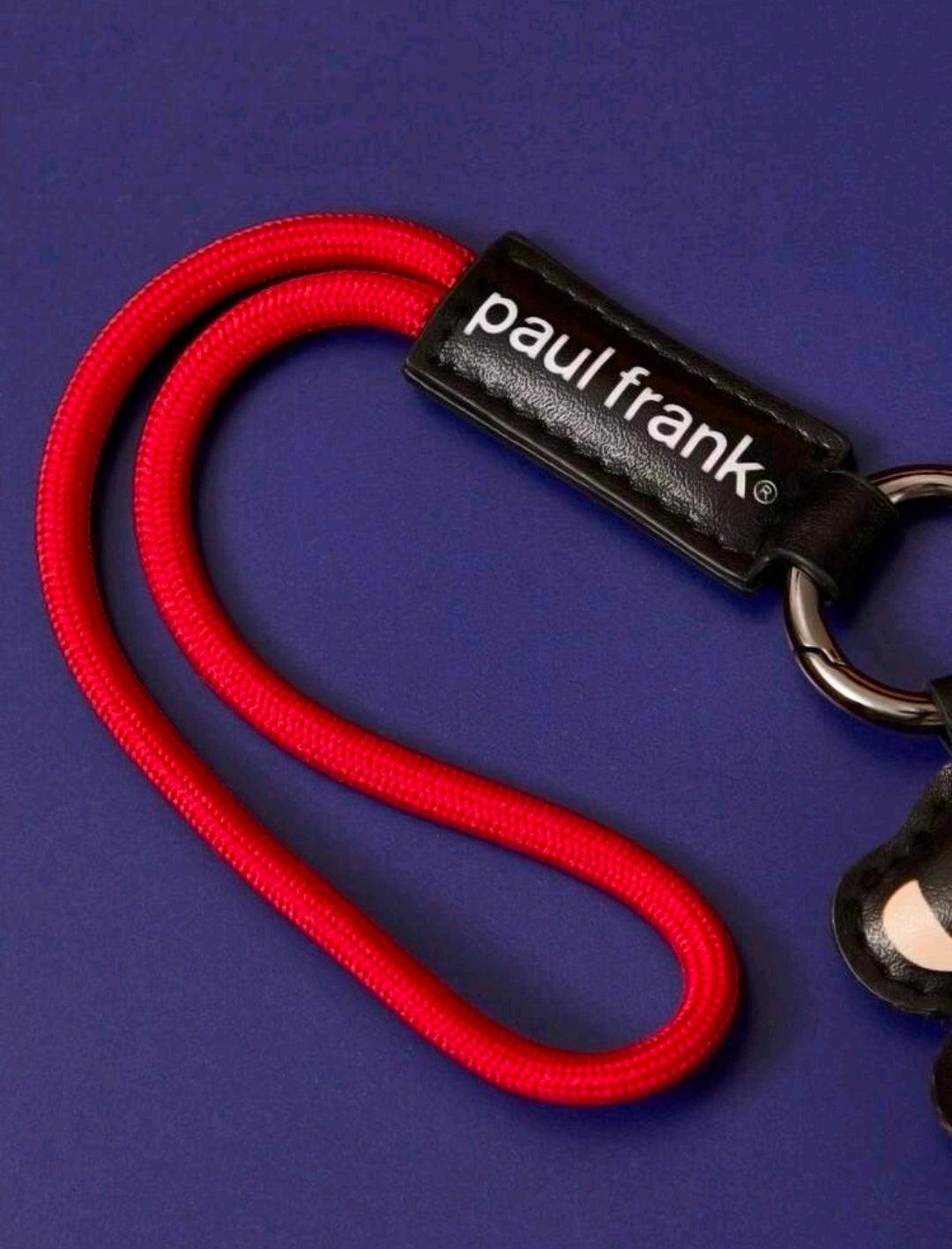 Paul Frank faux-leather tag on red lanyard with metal key ring, black Julius charm