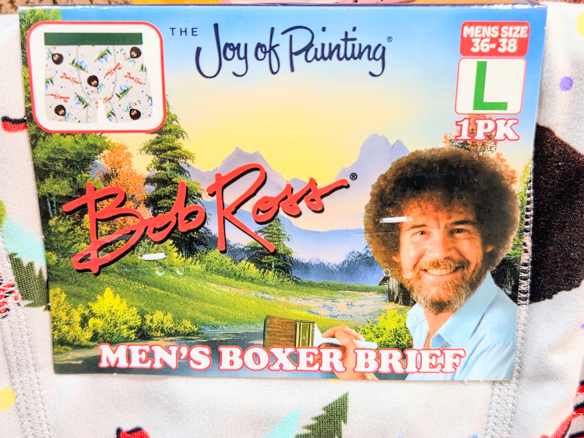 Men's boxer brief packaging front with Joy of Painting artwork and size label L