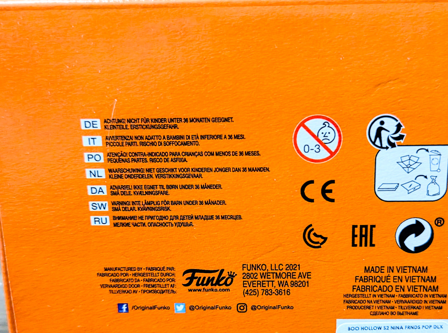 Funko Boo Hollow vinyl figure box back, orange panel with warning icons and Made in Vietnam