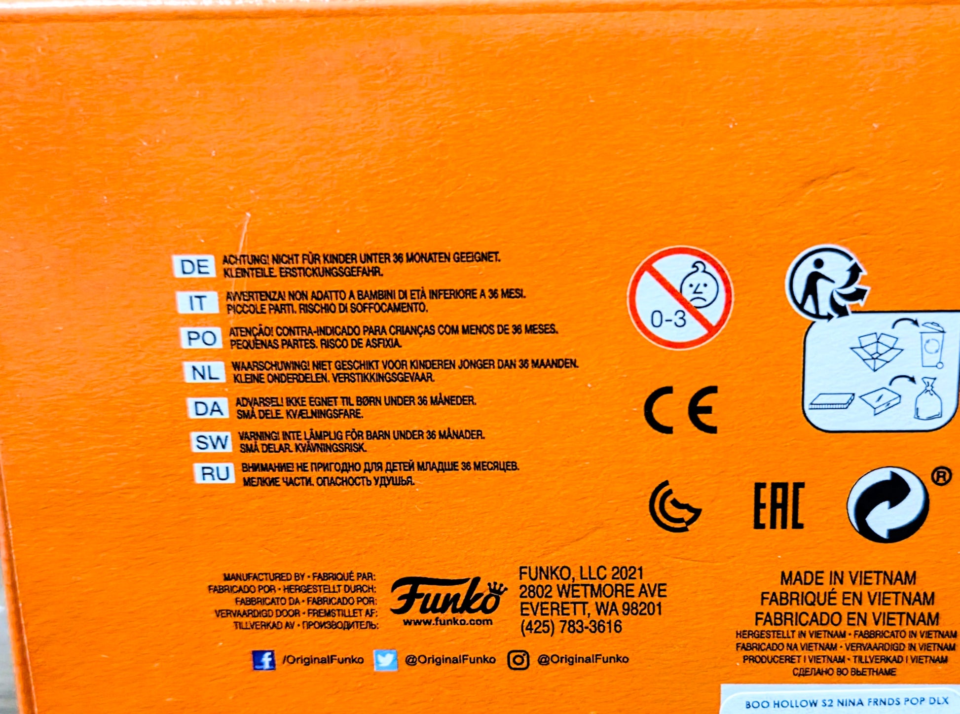 Funko Boo Hollow vinyl figure box back, orange panel with warning icons and Made in Vietnam
