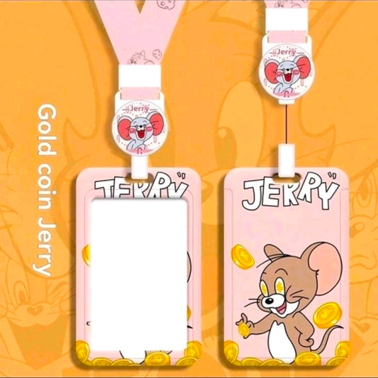 Pink Jerry lanyard ID card holder set with two clear windows and coin details