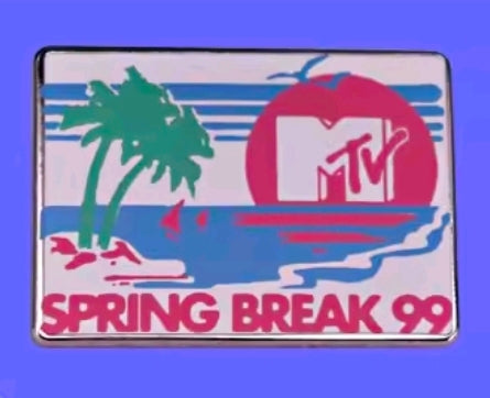 Spring Break 99 enamel pin with blue background, palm silhouette, and pink MTV circle