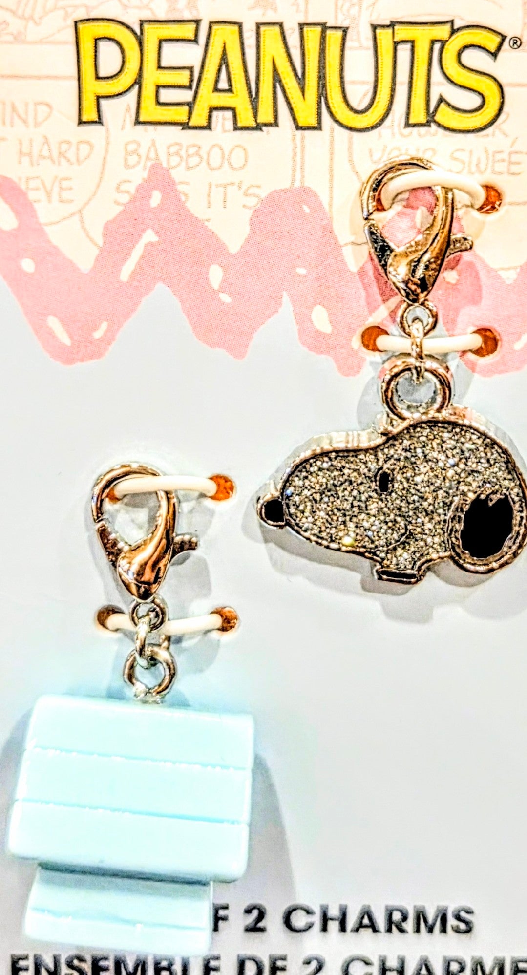 Gold-tone charm set with pink heart charm and glitter dog tag dangle