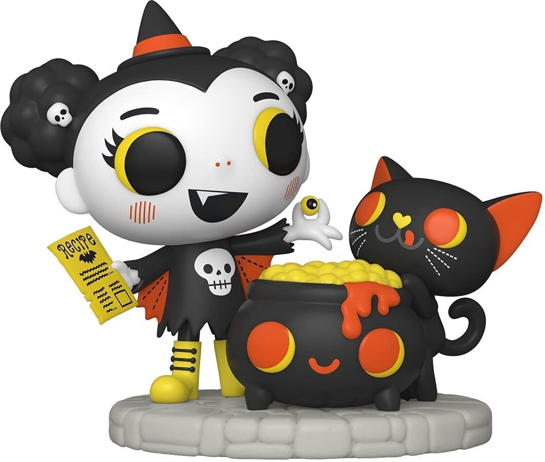 Vinyl character figure with orange cone hat, beside a small black cat, on base