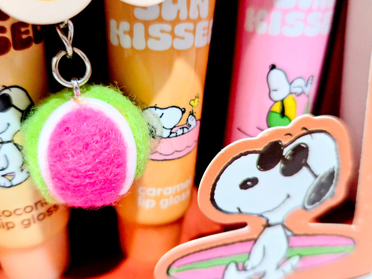 Snoopy lip gloss charm, green fuzzy pom-pom with keyring