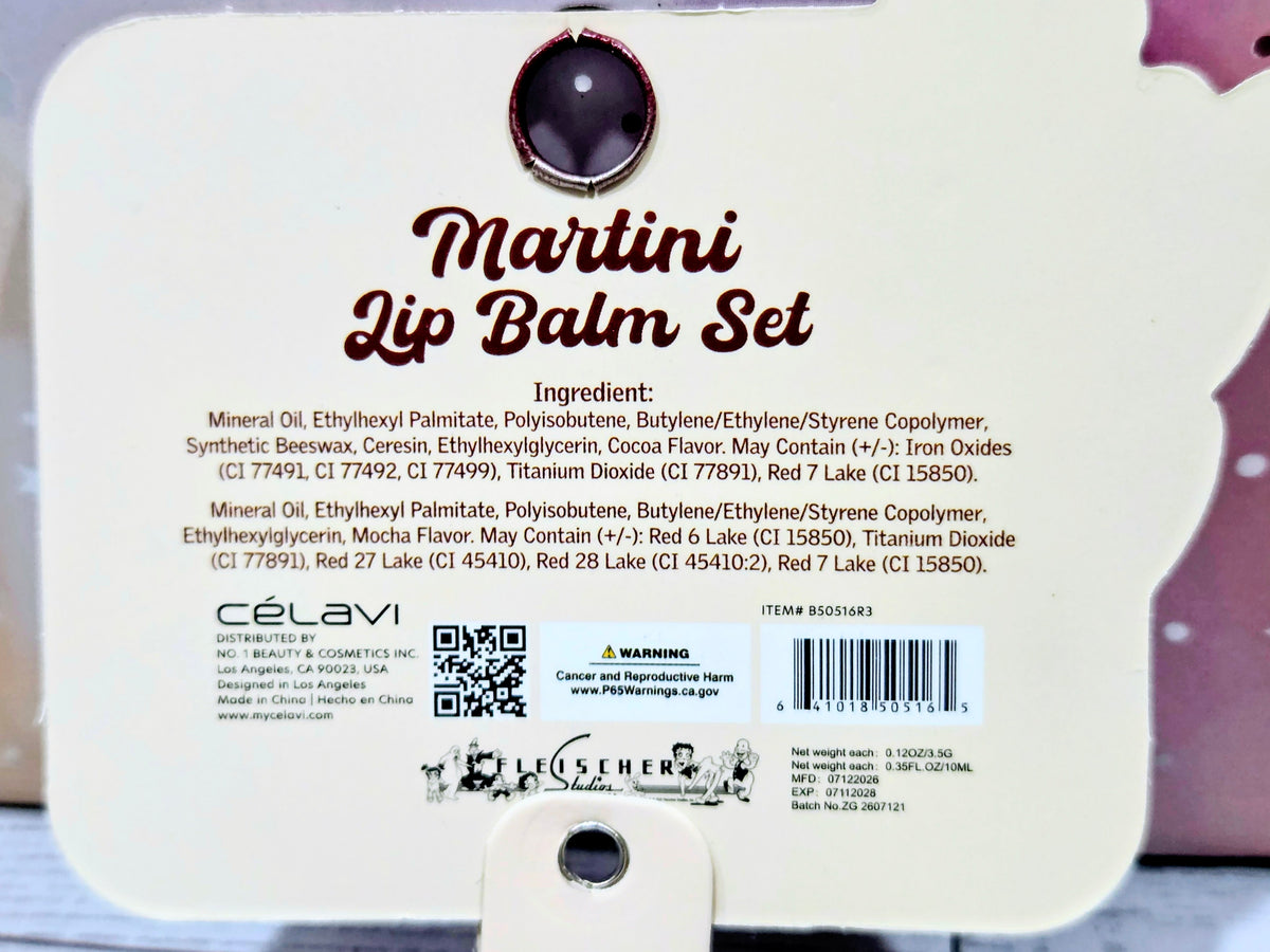 2-piece Martini lip balm set backing card with barcode and ingredient panel