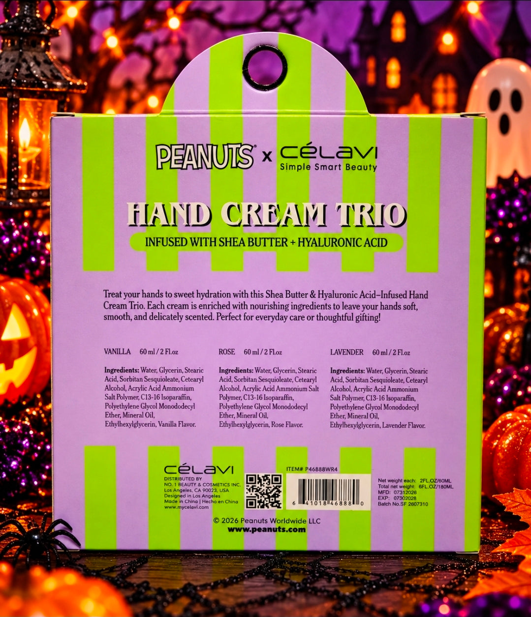 Hand cream trio box back panel with product details, ingredients, and barcode label