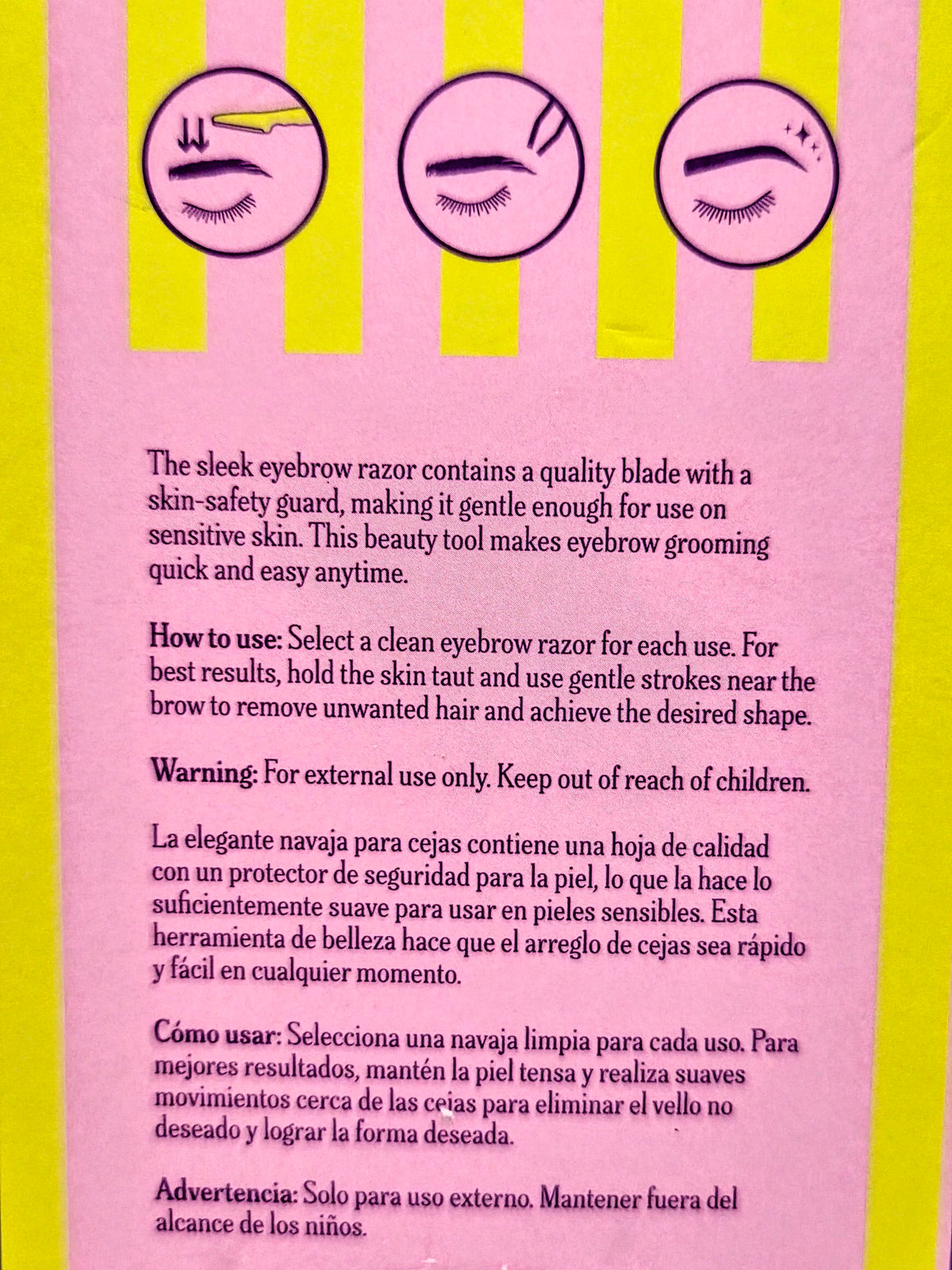 Derma razor instruction panel for eyebrow grooming on striped insert