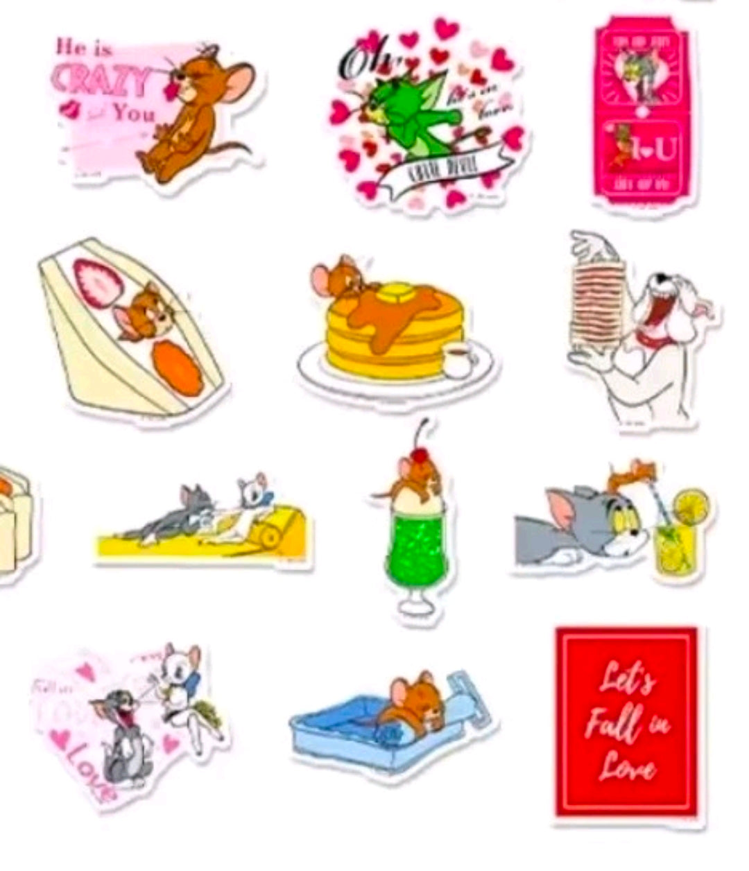 Assorted die-cut vinyl stickers with cartoon characters and heart-and-love designs