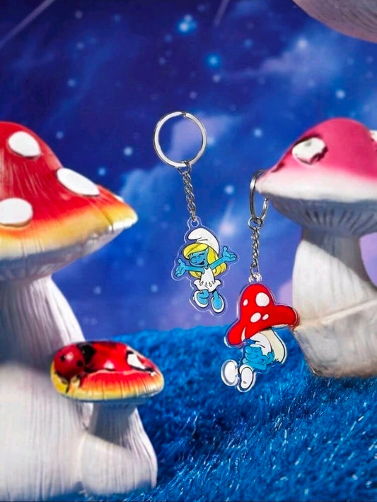 Smurfs acrylic keychain set of 2: Smurfette charm and red mushroom Smurf charm
