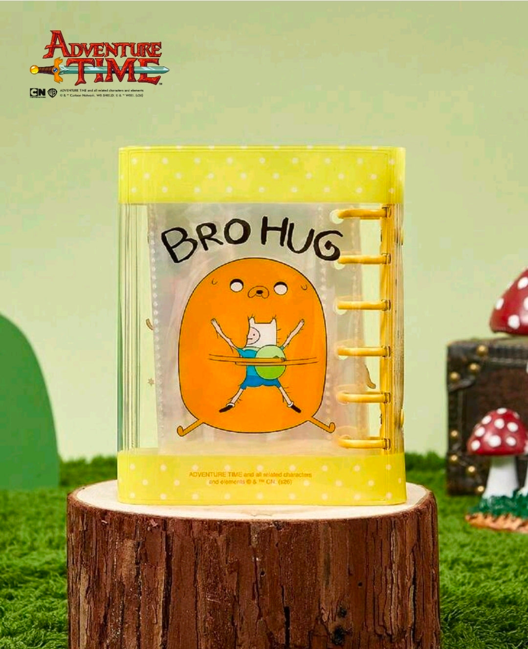 Yellow mini binder sticker album showing a 'BRO HUG' character sticker insert