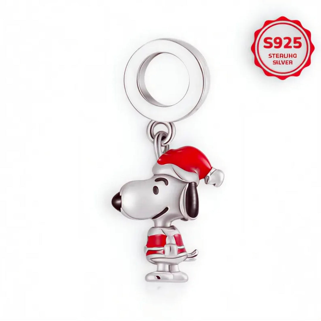 Sterling silver Snoopy Santa dangle charm, 925 stamped