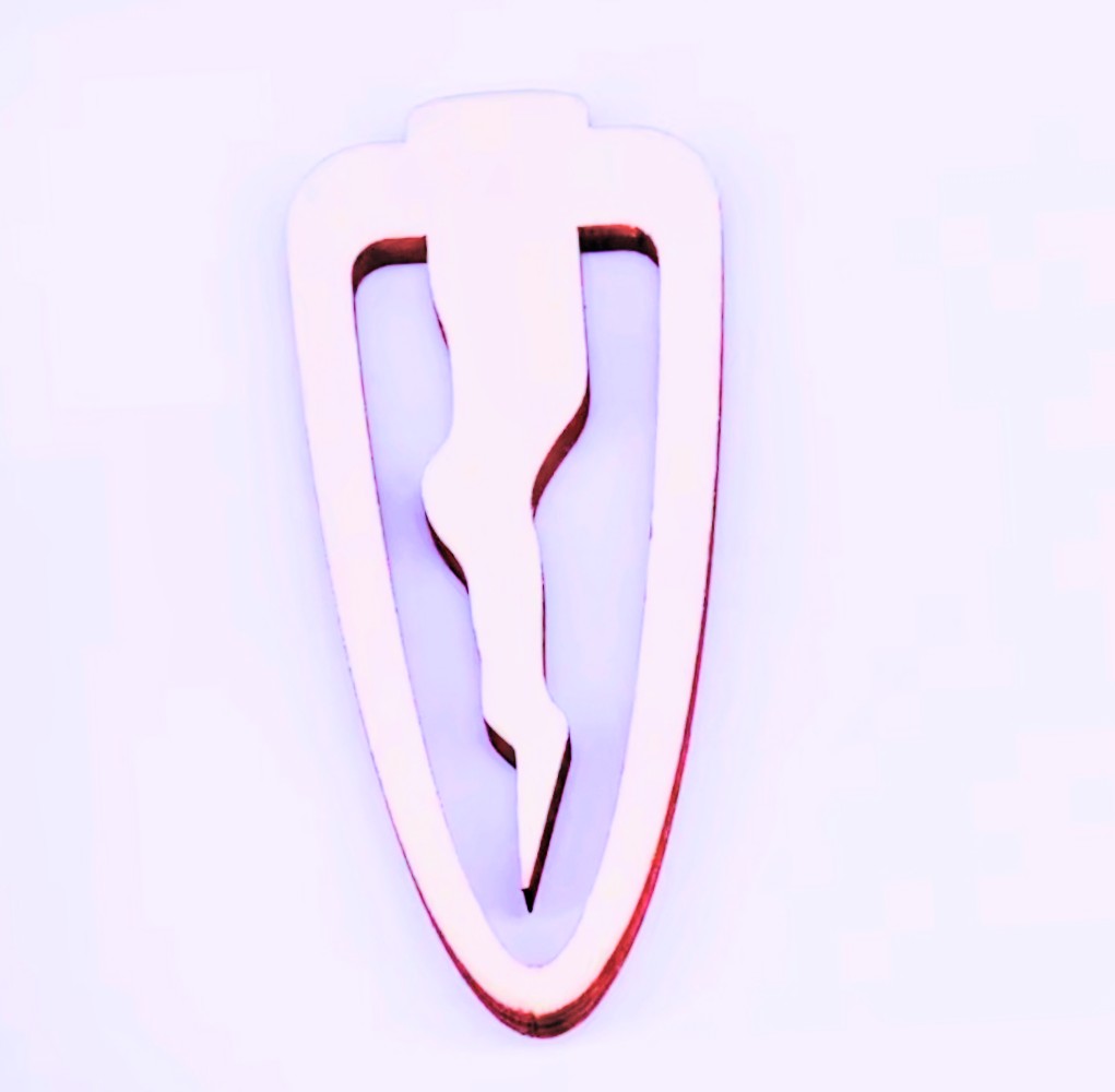 Wood stake bookmark dagger-shaped with inner cutout and small crest symbol at top