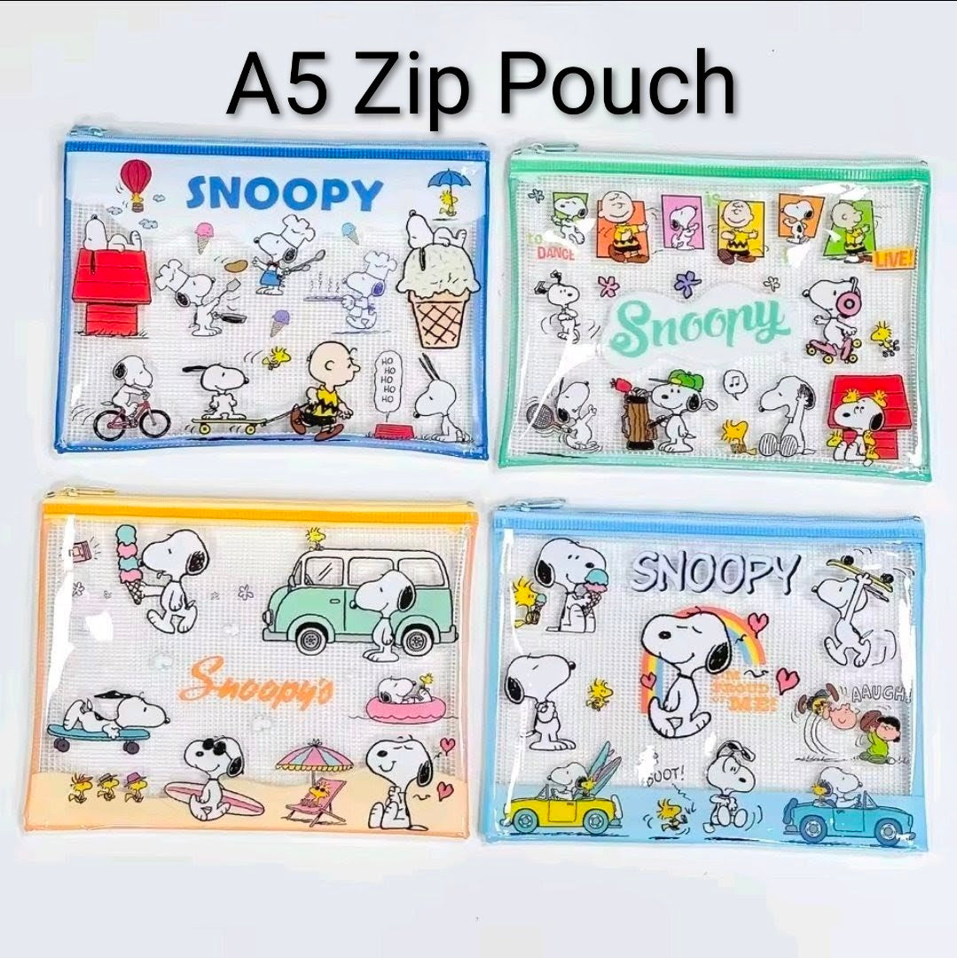 Snoopy Peanuts A5 Mesh Zip Pouch Bag Clear Kawaii Stationery Cosmetic Charlie Brown Woodstock