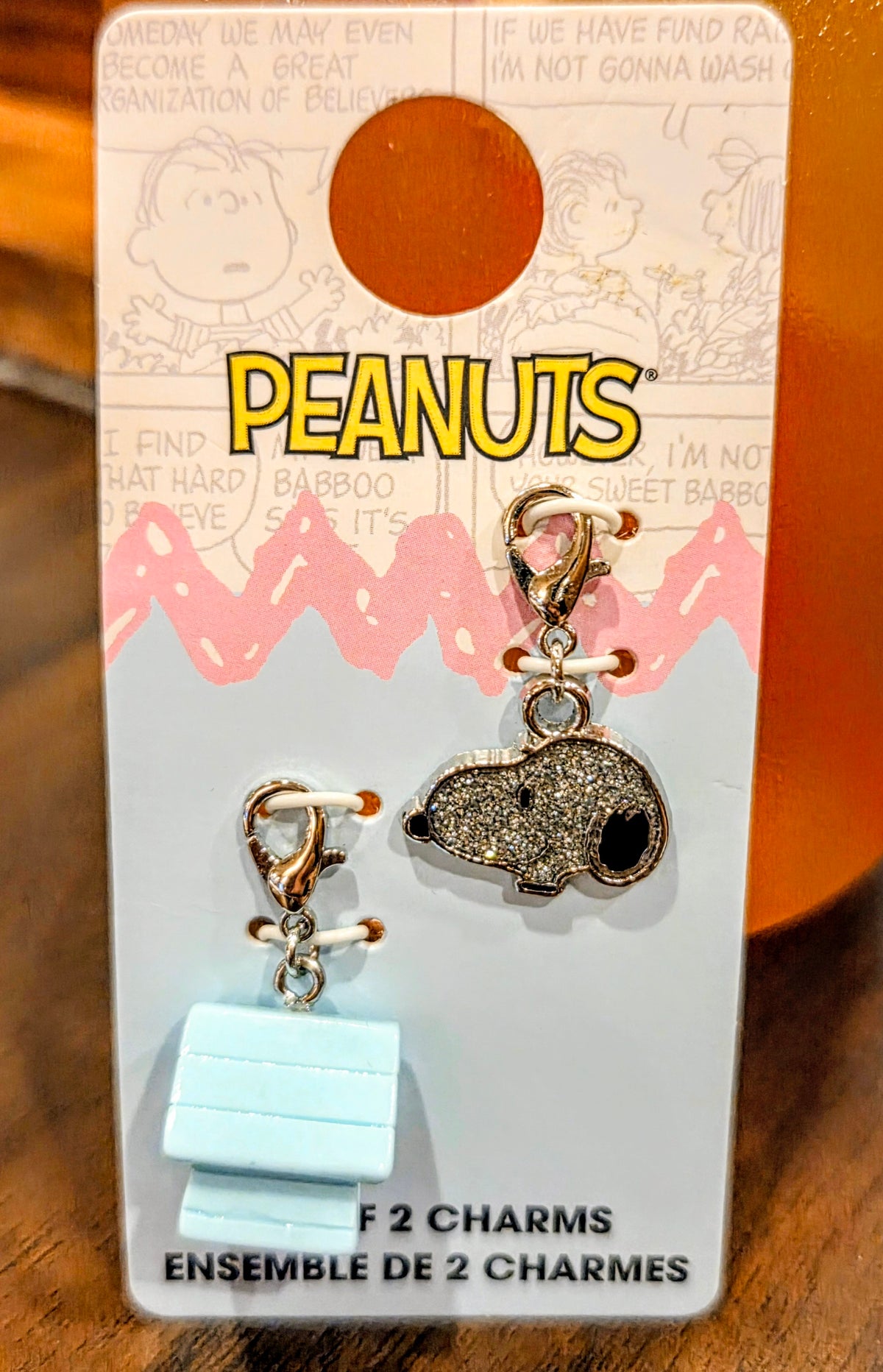 Peanuts charm set with pink heart and glitter dog tag charms plus white bar link