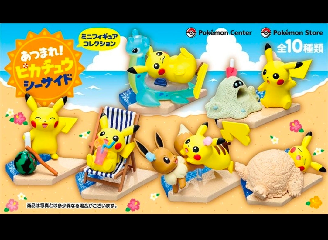 Seaside Pikachu mini figure collection box artwork featuring multiple character figures