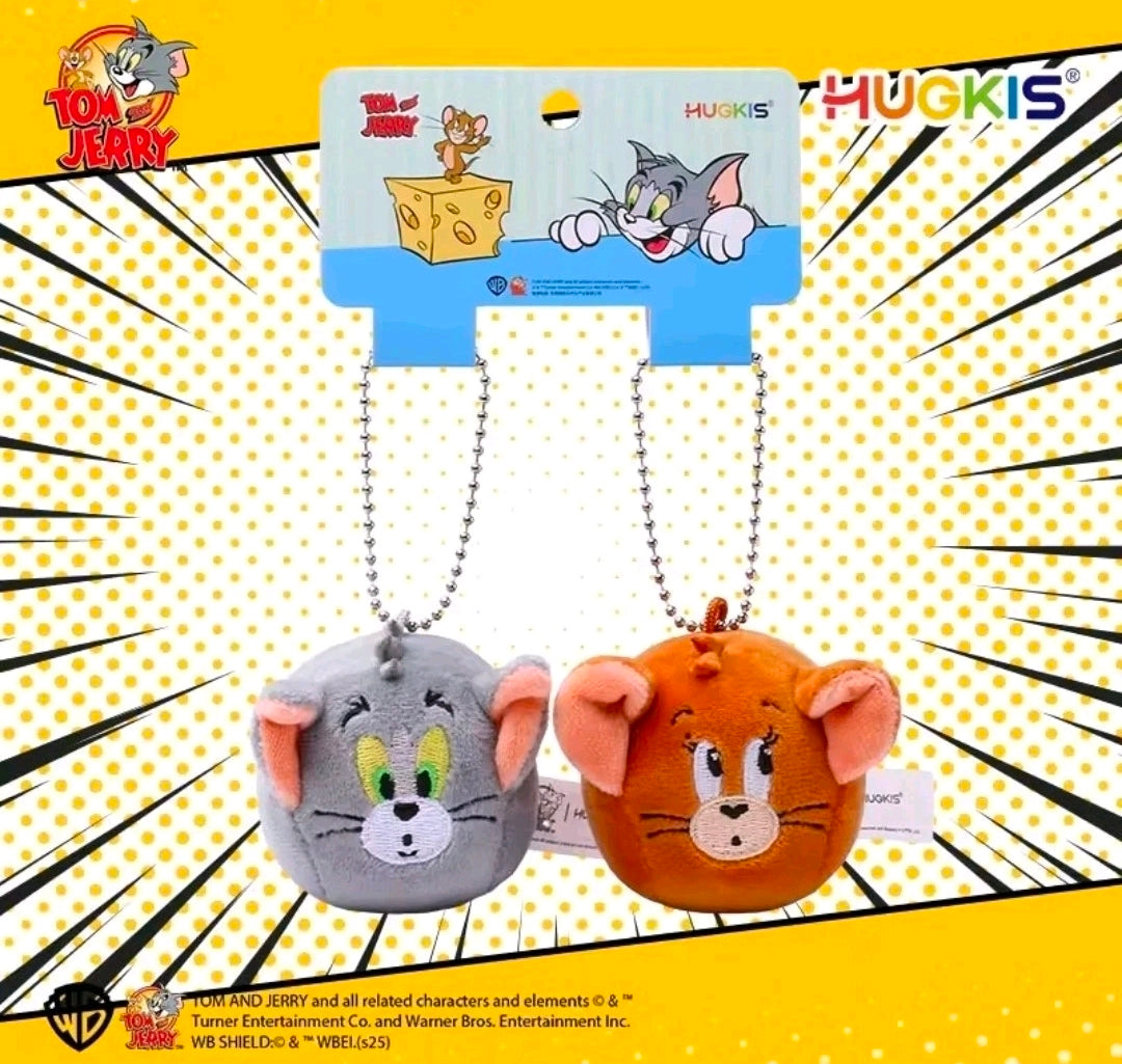 Mini plush keychain duo: gray and orange faces with silver chains