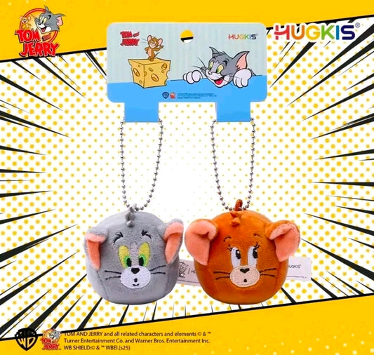 Mini plush keychain duo: gray and orange faces with silver chains