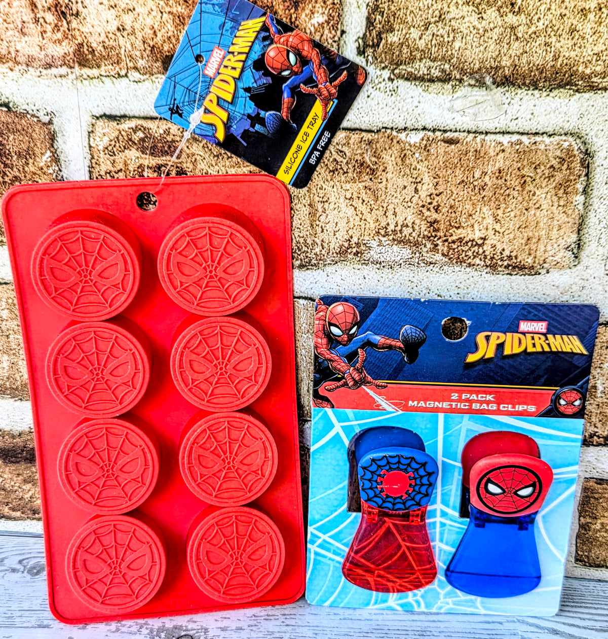 Red Spider-Man ice cube mold tray and package for 3-pack magnetic bag clips