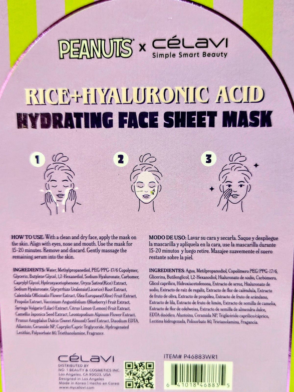 Rice and hyaluronic acid hydrating face sheet mask pack front with usage and ingredients text