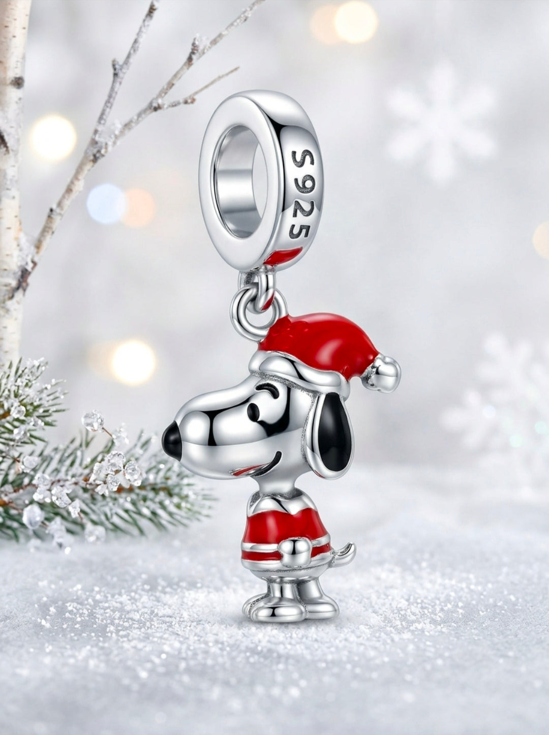 Sterling silver Snoopy Santa dangle charm with 925 on top ring