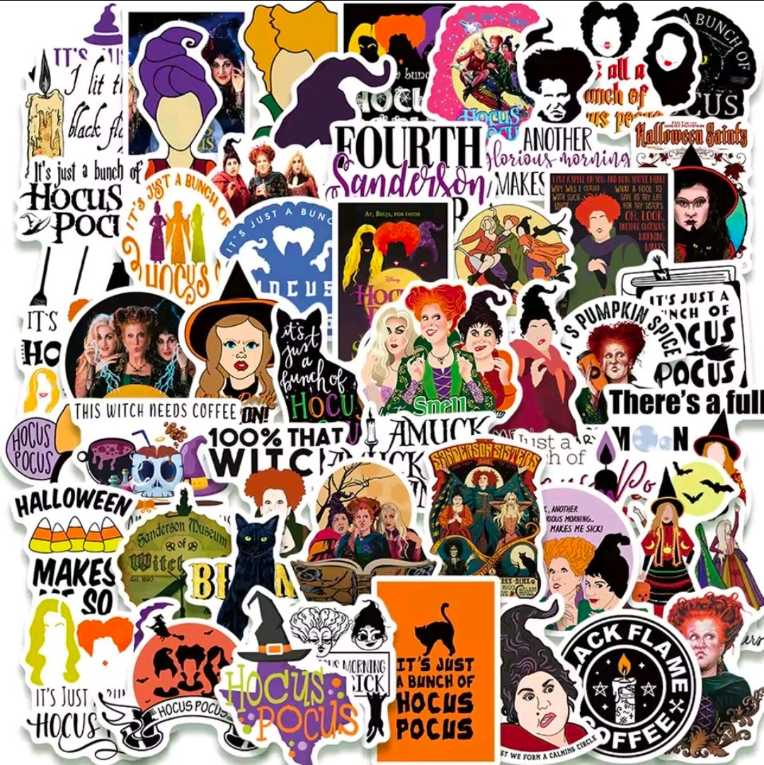 Hocus Pocus Halloween vinyl sticker pack with many die-cut characters, icons, and text-style stickers