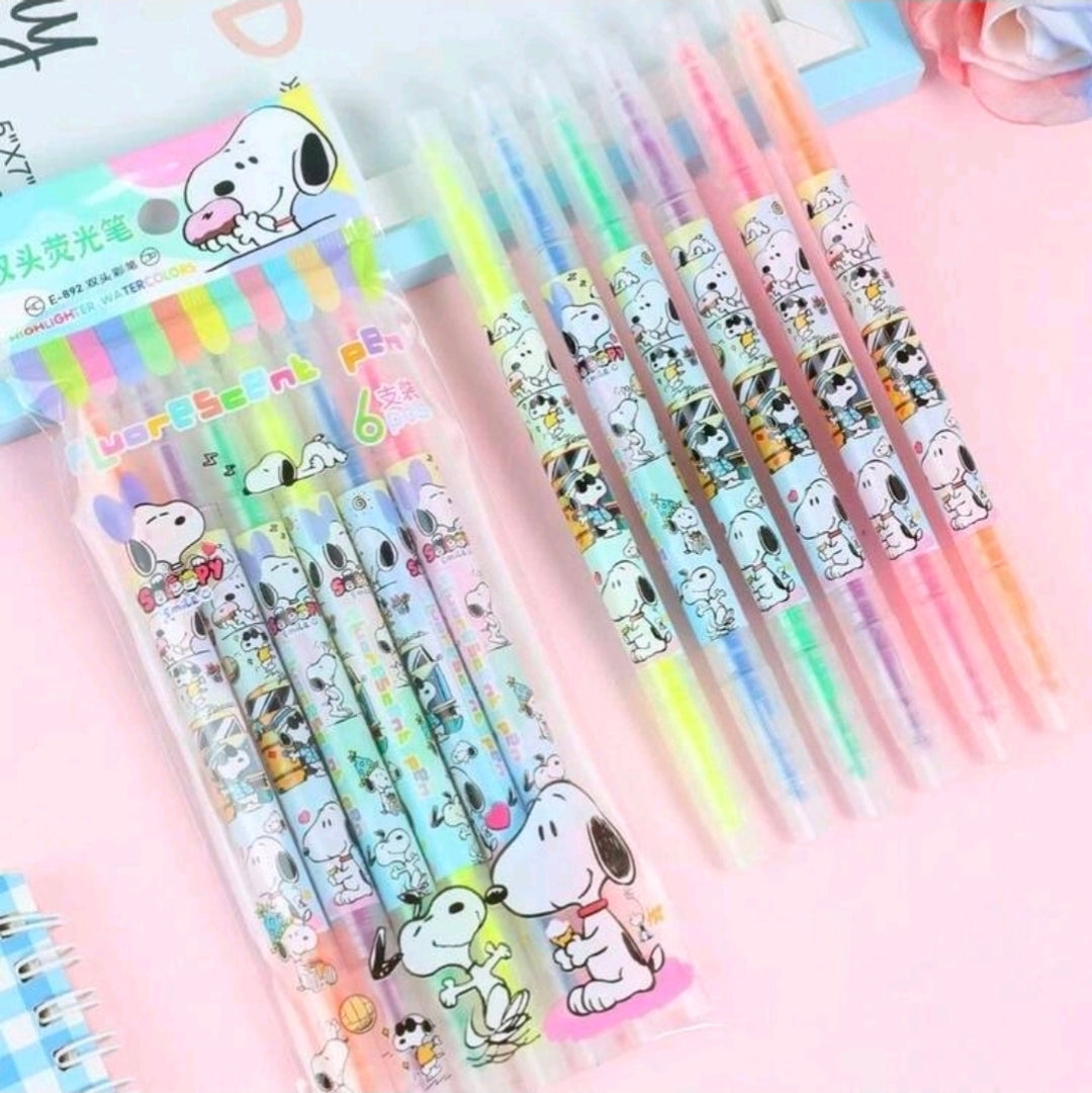 Snoopy Dual Tip Highlighter Set 6pc Fluorescent Peanuts Kawaii Stationery Chisel Fine Point Pink Orange Yellow Green Blue Purple