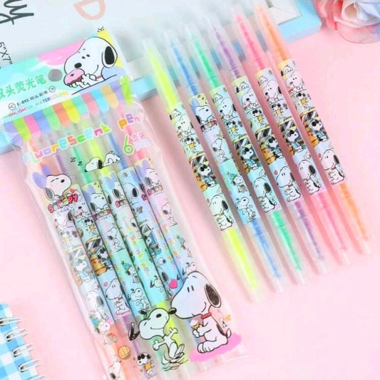 Snoopy Dual Tip Highlighter Set 6pc Fluorescent Peanuts Kawaii Stationery Chisel Fine Point Pink Orange Yellow Green Blue Purple