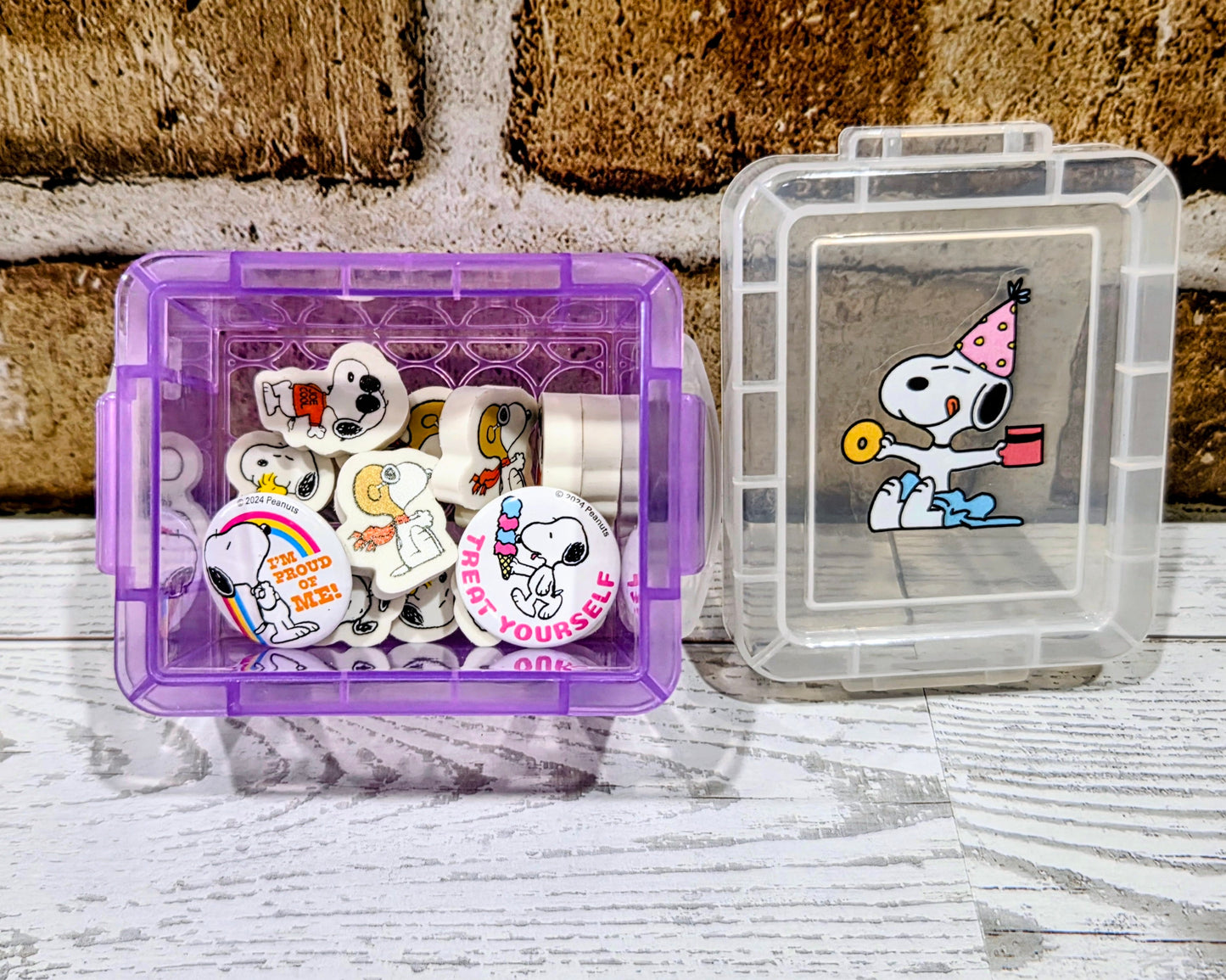 Purple and clear mini desktop organizer boxes with Snoopy graphics