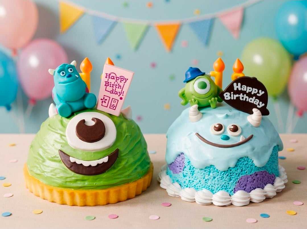 Pair of Monsters Inc mini birthday cakes with monster toppers, candles, and cards