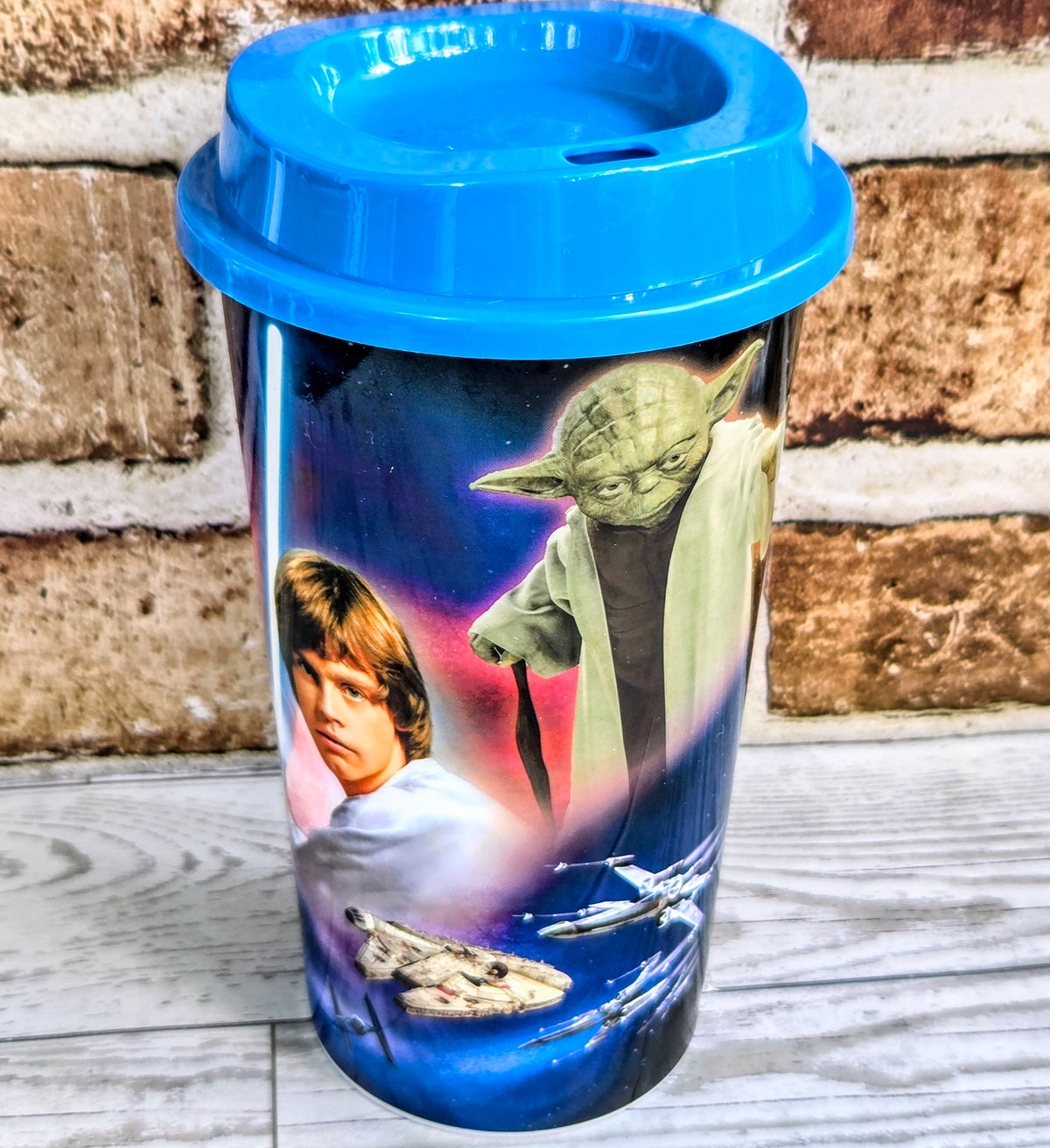 Blue Star Wars plastic travel mug with Grogu graphic and snap lid
