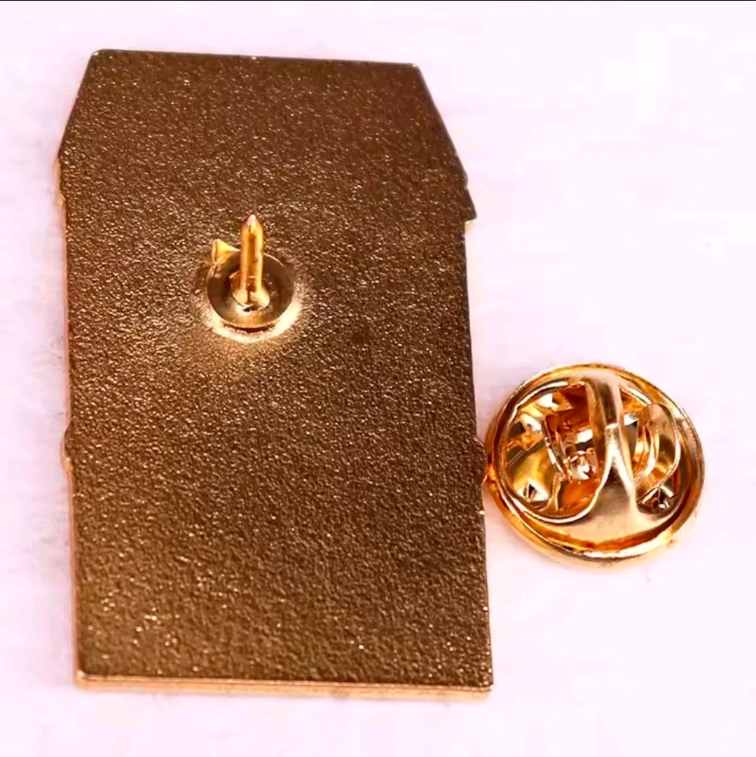 Gold-tone enamel pin backing with two clasp posts, shown from the back.