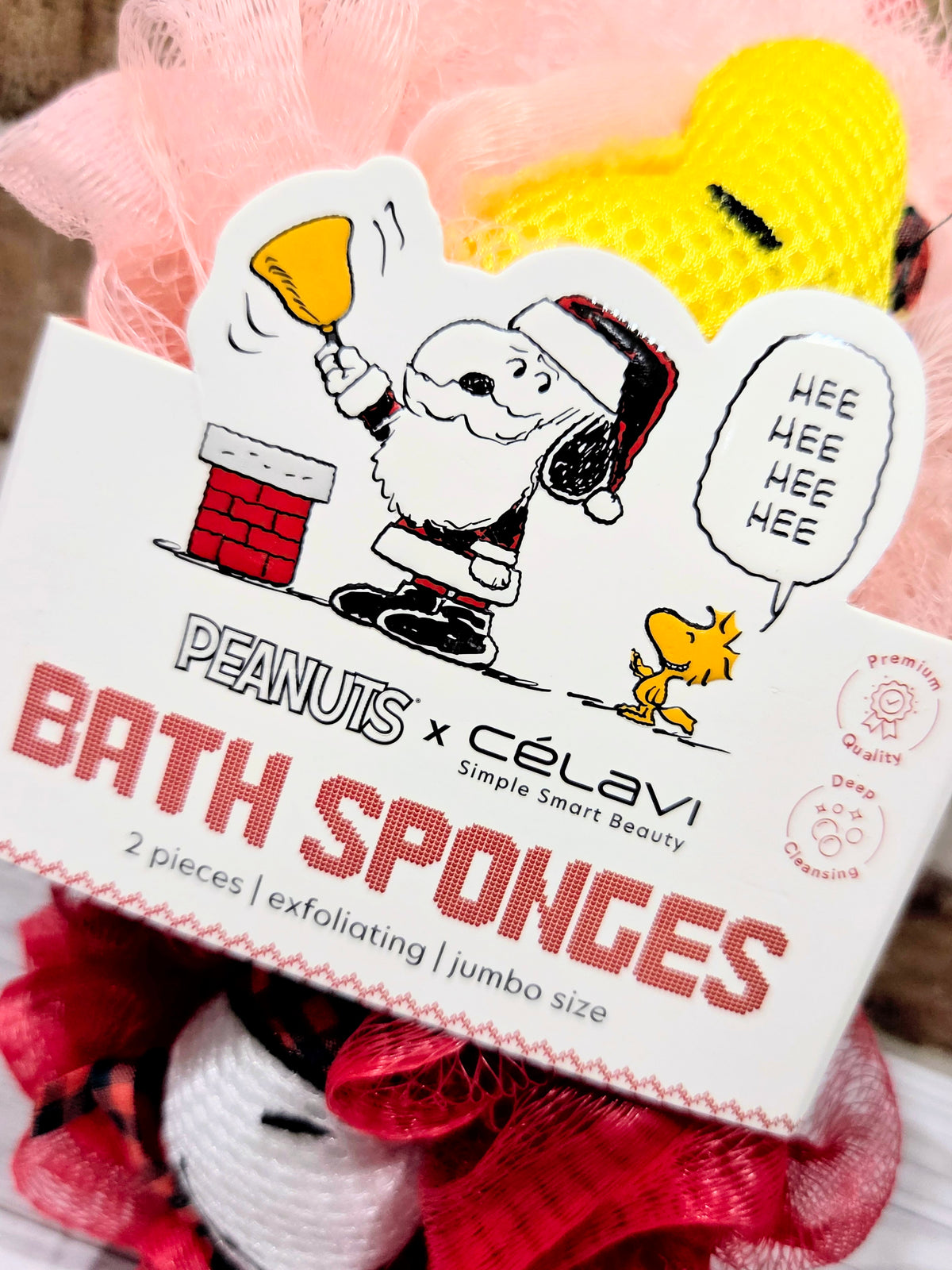 Peanuts Snoopy Christmas bath sponge gift set, 2-piece in festive mesh wrap